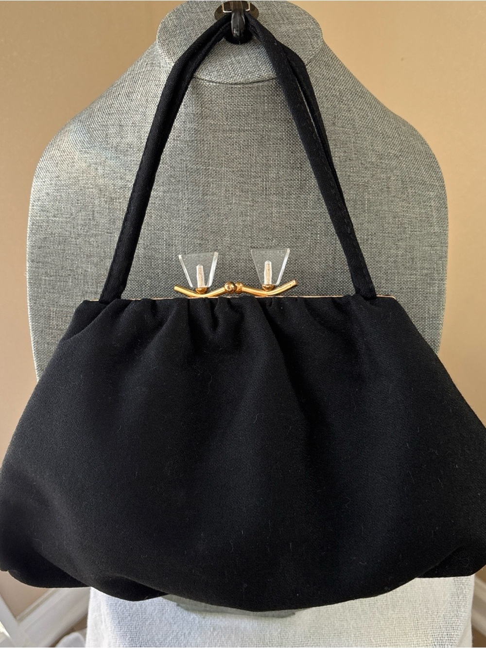 vintage Classic 1940/50 Wool Black Women's Top-Handle Bag Double Jeweled Clasp